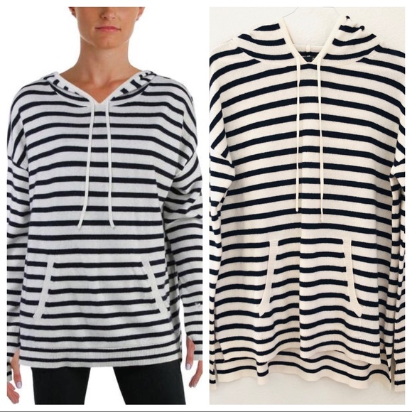 AQUA Cashmere Striped Hooded Sweater Navy/Ivory S - Picture 4 of 6